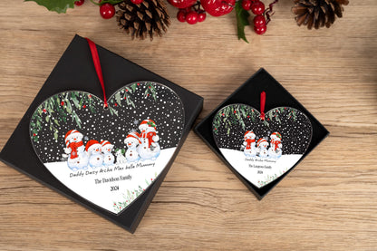 Personalised Snowmen Snowman hanging heart First Christmas as Family of Four Acrylic Christmas Tree Decoration  FREE GIFT BAG