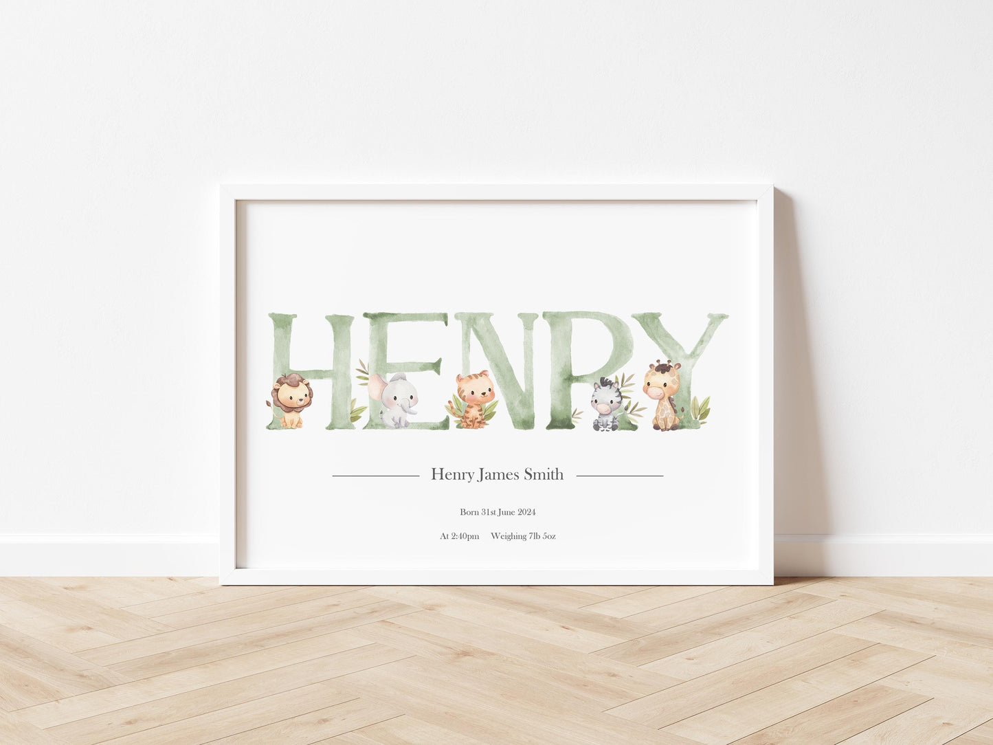 Personalised Baby Gift - Personalised Baby Print Green Woodland Animals Picture White Frame Print - Newborn Keepsake - bluebellindagifts