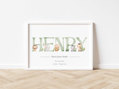Personalised Baby Gift - Personalised Baby Print Green Woodland Animals Picture White Frame Print - Newborn Keepsake - bluebellindagifts