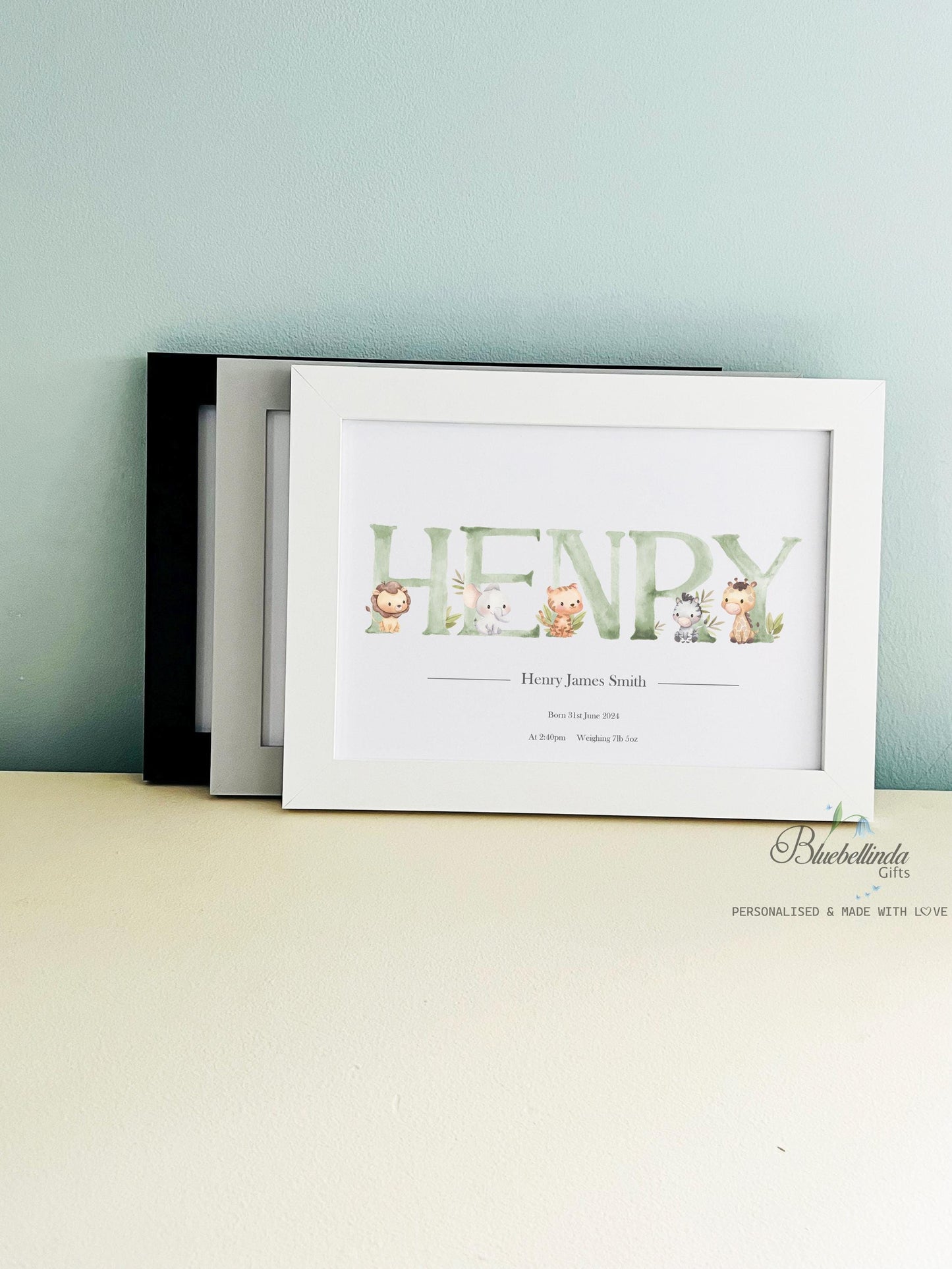 Personalised Baby Gift - Personalised Baby Print Green Woodland Animals Picture White Frame Print - Newborn Keepsake - bluebellindagifts