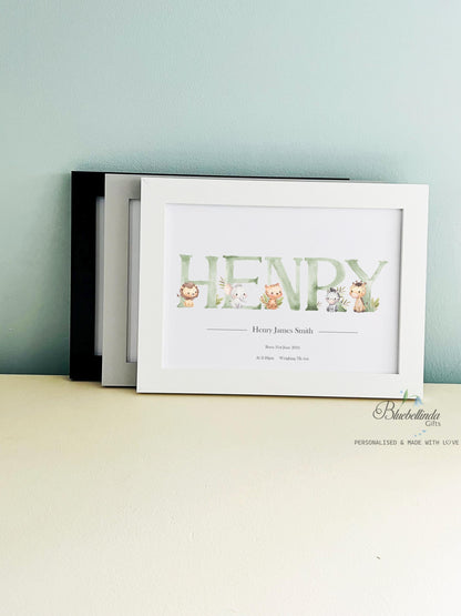 Personalised Baby Gift - Personalised Baby Print Green Woodland Animals Picture White Frame Print - Newborn Keepsake - bluebellindagifts