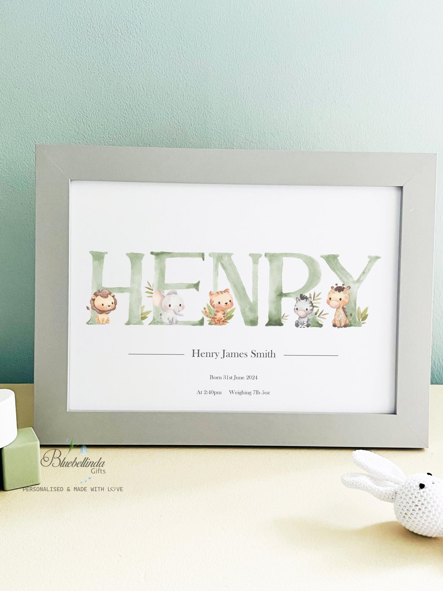 Personalised Baby Gift - Personalised Baby Print Green Woodland Animals Picture White Frame Print - Newborn Keepsake - bluebellindagifts