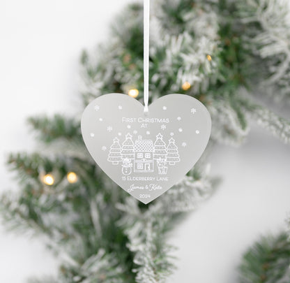 Personalised hanging heart plaque Snowman First Christmas In Our New Home White Acrylic Christmas Tree Decoration FREE GIFT BAG Bluebellinda