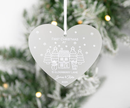 Personalised hanging heart plaque Snowman First Christmas In Our New Home White Acrylic Christmas Tree Decoration FREE GIFT BAG Bluebellinda