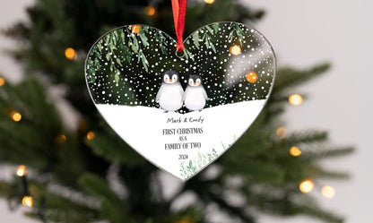 First Christmas as a Family of 2,3,4,5,6, Bauble | cute penguin Family Christmas Ornament Personalised Names Decoration - heart bauble.
