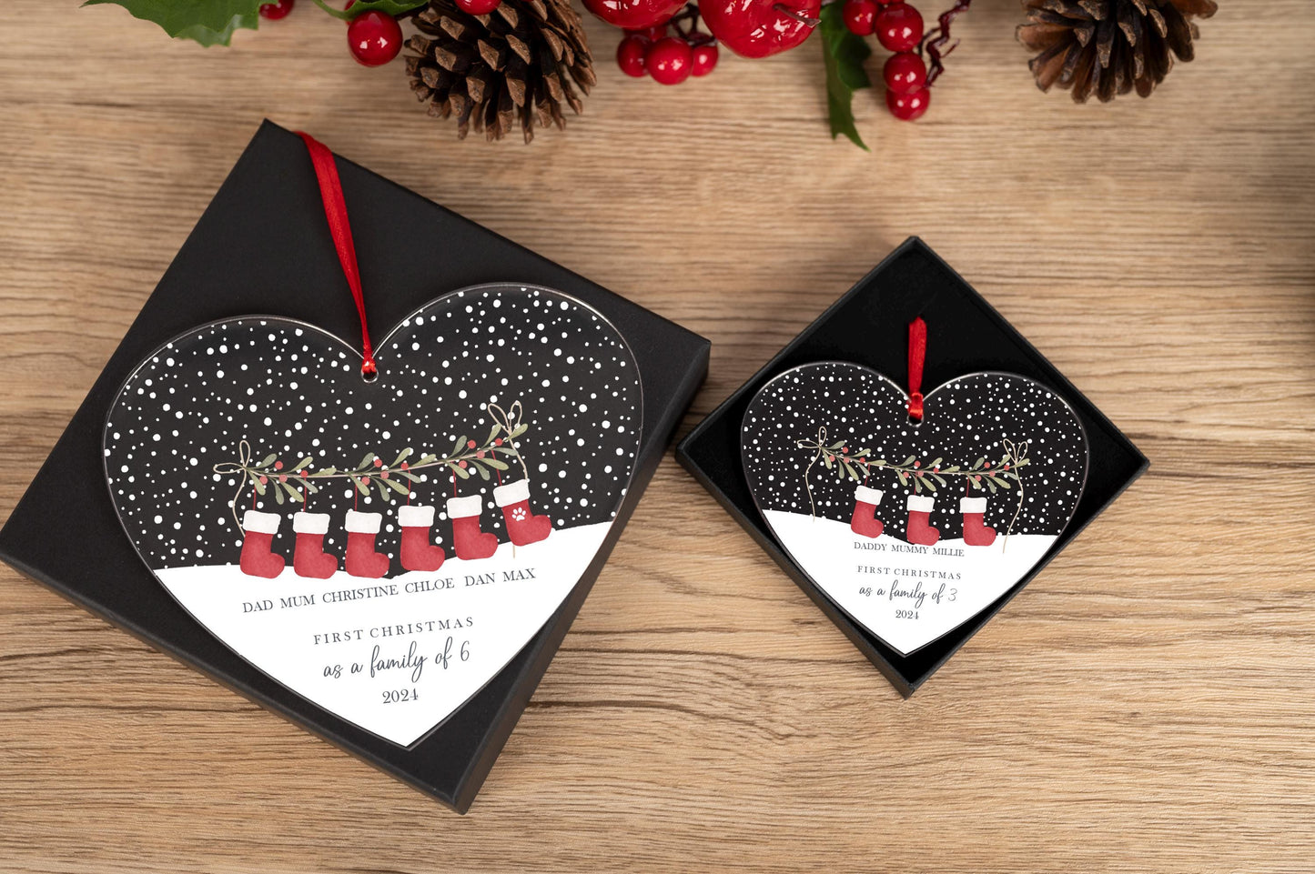 Personalised Stocking Family Acrylic Bauble Christmas Tree Ornament Decoration Heart