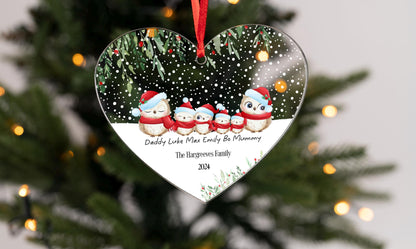 Personalised owl Family hanging heart First Christmas as Family of Four Acrylic Christmas Tree Decoration  FREE GIFT BAG