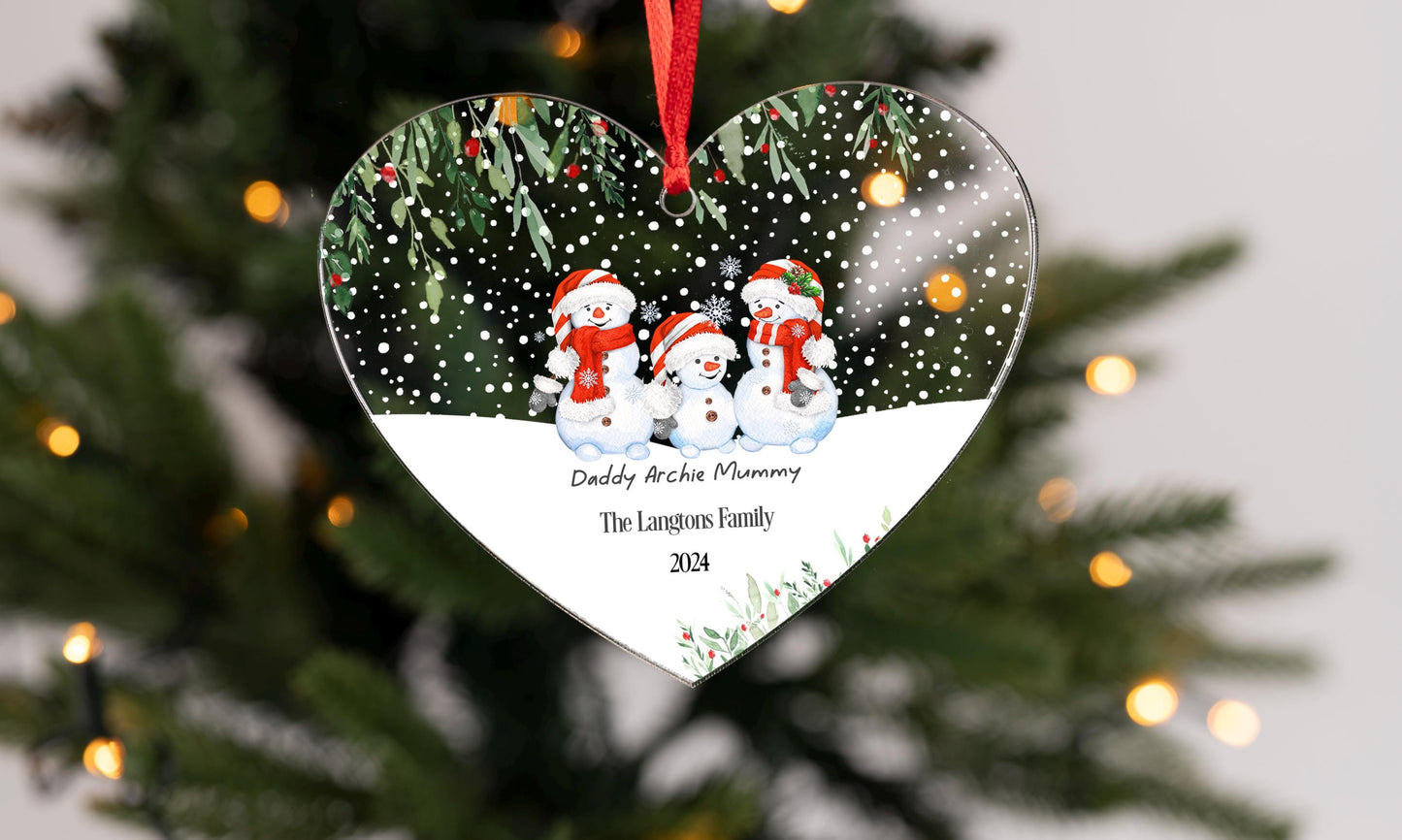 Personalised Snowmen Snowman hanging heart First Christmas as Family of Four Acrylic Christmas Tree Decoration  FREE GIFT BAG