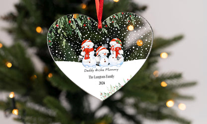 Personalised Snowmen Snowman hanging heart First Christmas as Family of Four Acrylic Christmas Tree Decoration  FREE GIFT BAG