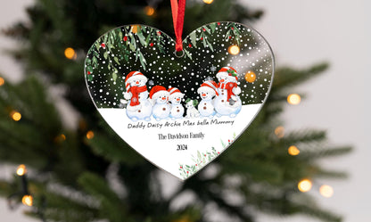 Personalised Snowmen Snowman hanging heart First Christmas as Family of Four Acrylic Christmas Tree Decoration  FREE GIFT BAG