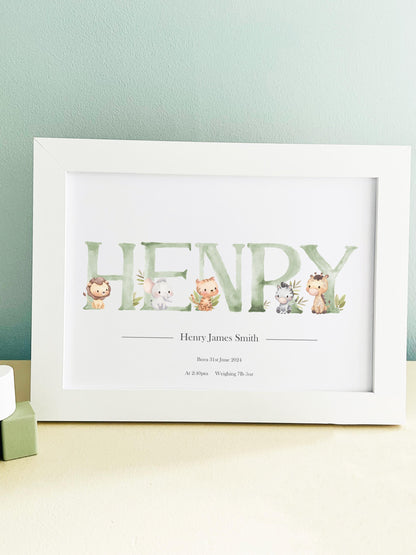 19 Personalised Baby Gift - Personalised Baby Print Green Woodland Animals Picture White Frame Print - Newborn Keepsake - bluebellindagifts