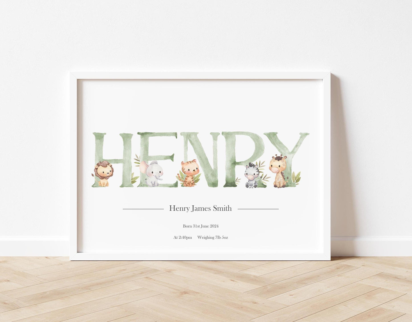 Personalised Baby Gift - Personalised Baby Print Green Woodland Animals Picture White Frame Print - Newborn Keepsake - bluebellindagifts