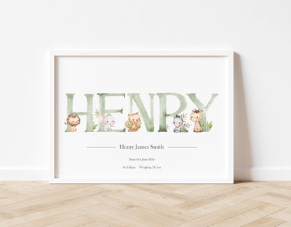 19 Personalised Baby Gift - Personalised Baby Print Green Woodland Animals Picture White Frame Print - Newborn Keepsake - bluebellindagifts