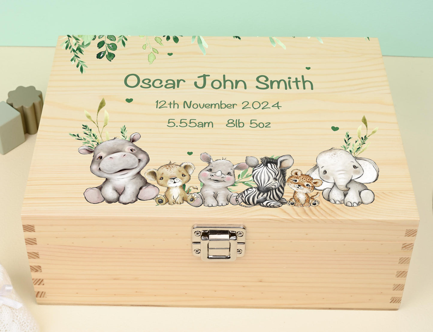 20 Luxury Baby Keepsake Box Green - Personalised Green Safari Leaves Animals White Wooden Keepsake Box - newborn keepsake box Bluebellinda