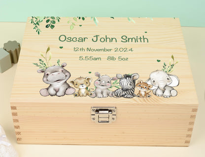 20 Luxury Baby Keepsake Box Green - Personalised Green Safari Leaves Animals White Wooden Keepsake Box - newborn keepsake box Bluebellinda