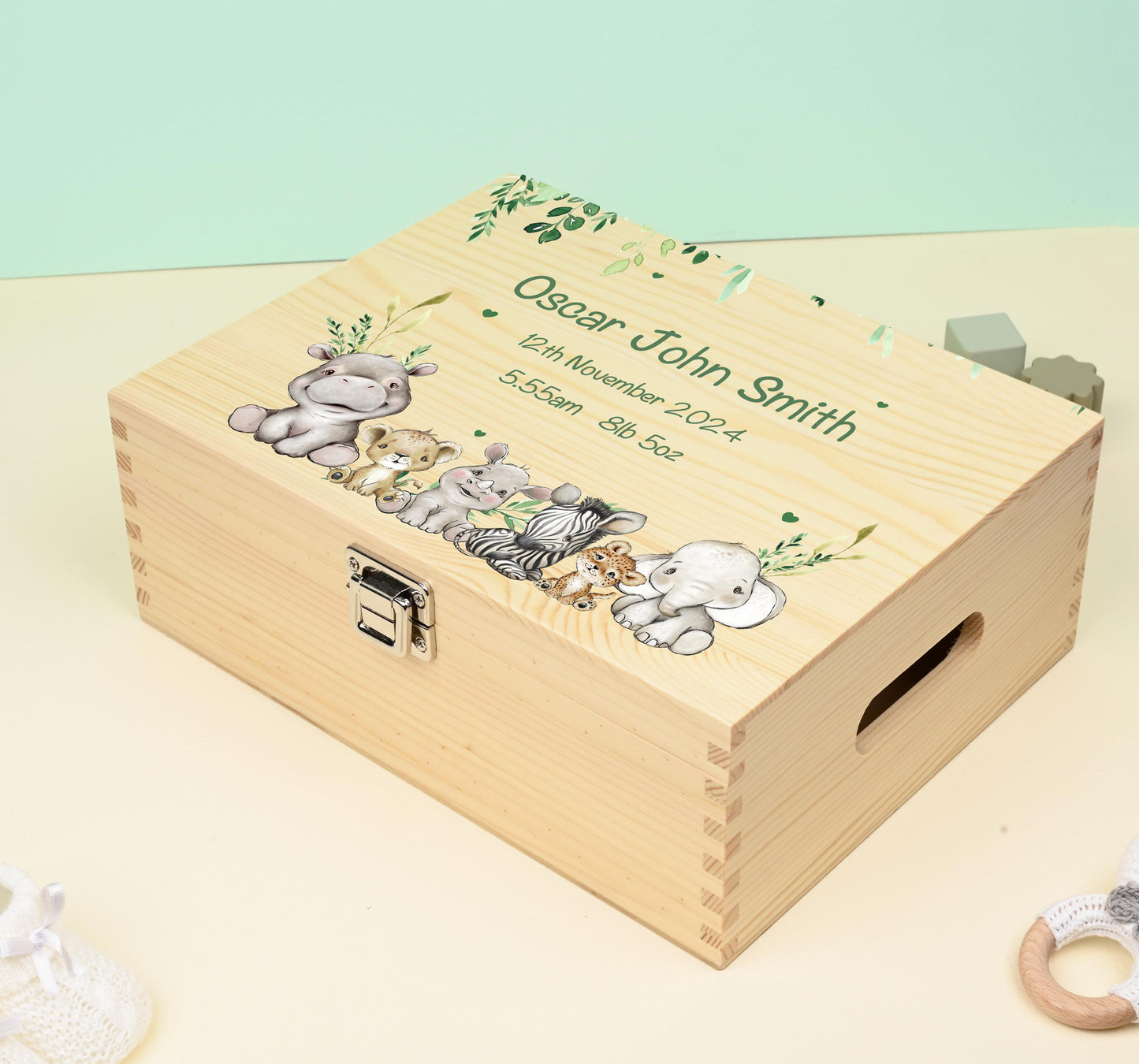 20 Luxury Baby Keepsake Box Green - Personalised Green Safari Leaves Animals White Wooden Keepsake Box - newborn keepsake box Bluebellinda