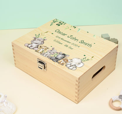 20 Luxury Baby Keepsake Box Green - Personalised Green Safari Leaves Animals White Wooden Keepsake Box - newborn keepsake box Bluebellinda