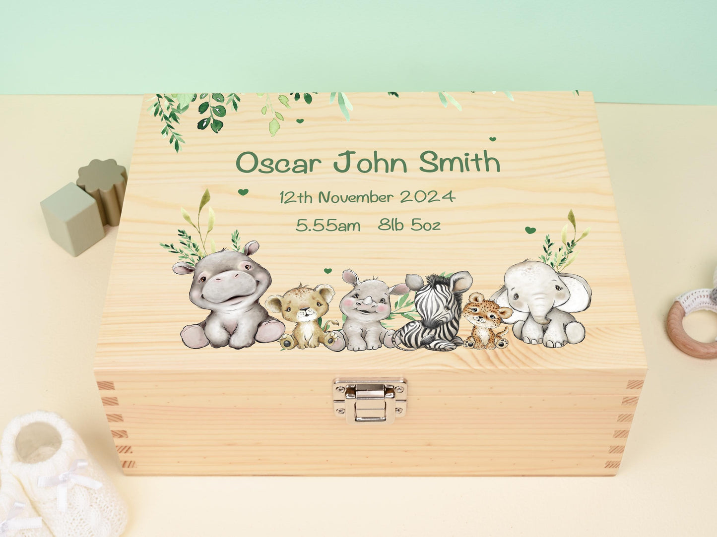 20 Luxury Baby Keepsake Box Green - Personalised Green Safari Leaves Animals White Wooden Keepsake Box - newborn keepsake box Bluebellinda