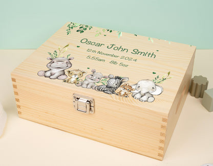 20 Luxury Baby Keepsake Box Green - Personalised Green Safari Leaves Animals White Wooden Keepsake Box - newborn keepsake box Bluebellinda