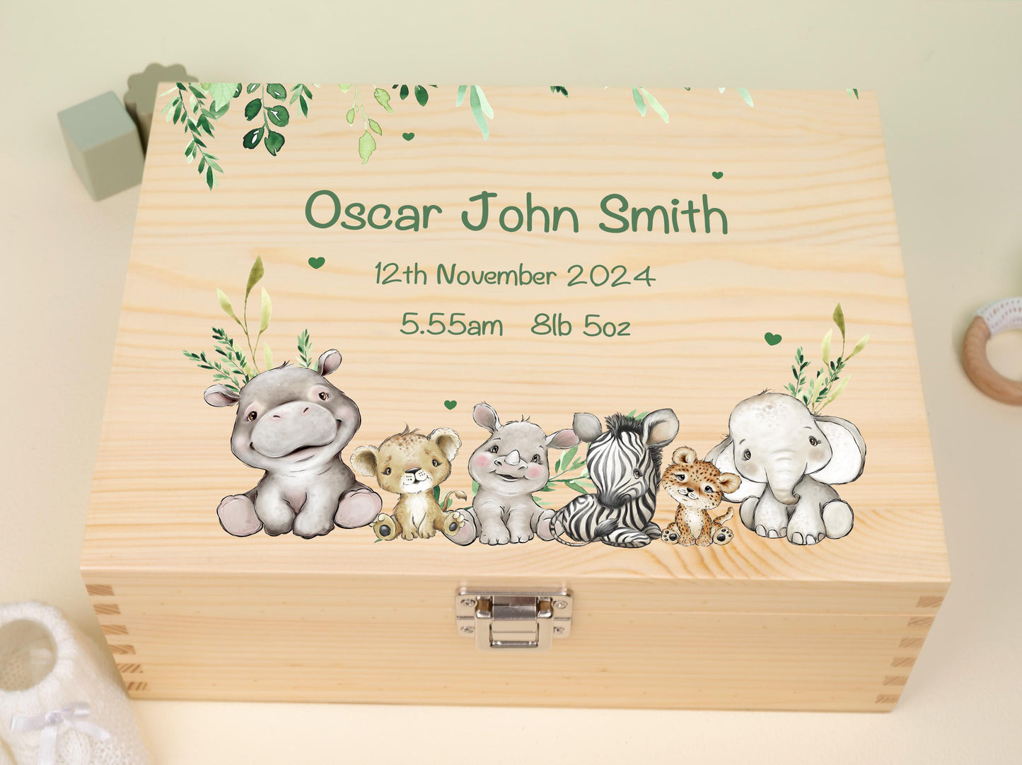 20 Luxury Baby Keepsake Box Green - Personalised Green Safari Leaves Animals White Wooden Keepsake Box - newborn keepsake box Bluebellinda