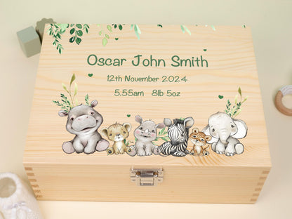 20 Luxury Baby Keepsake Box Green - Personalised Green Safari Leaves Animals White Wooden Keepsake Box - newborn keepsake box Bluebellinda