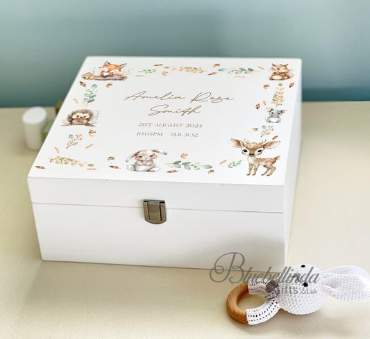 Luxury Personalised Baby Keepsake Memory Box, Brown Woodland Animals, Baby box, Wooden Box, Birth Stats, New Baby Gift, Bluebellinda Gifts