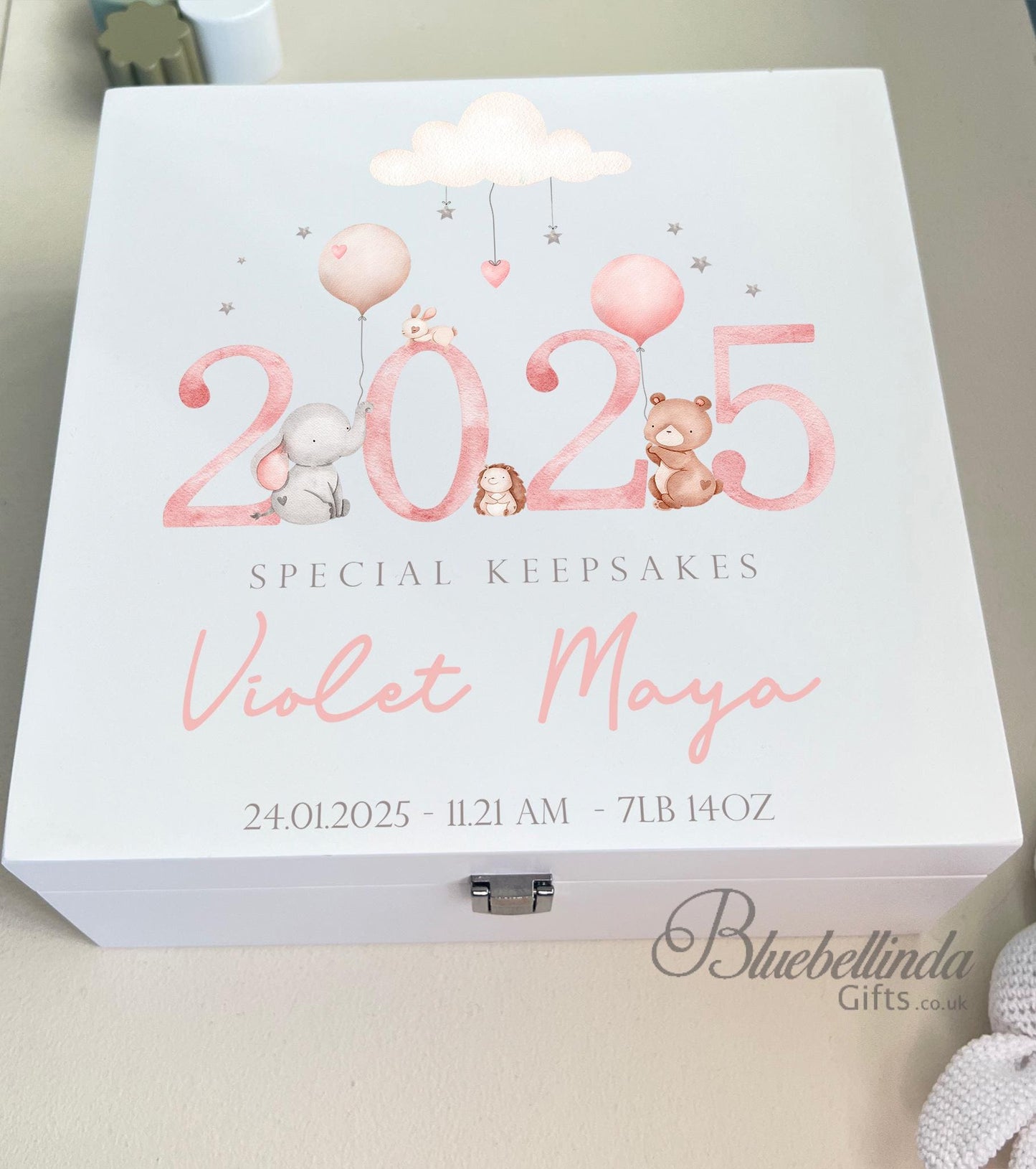 Luxury Personalised Baby Keepsake Memory Box, Pink 2025 or 2024 Design, Baby box, Wooden Box, New Baby Gift, Birth Stats, Bluebellinda Gifts