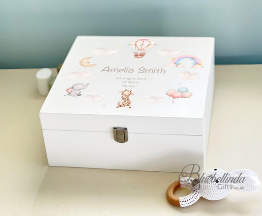 Luxury Personalised Baby Keepsake Memory Box, Clouds Animals Beige, Baby box, Wooden Box, Birth Stats, New Parents Gift,  Bluebellinda Gifts