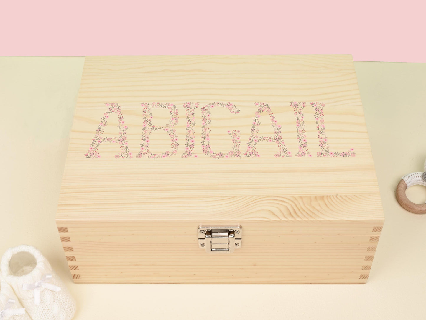 Keepsake Box Wooden - Personalised Pink Floral Name Wooden Keepsake Box - Newborn Gift Christening Gift Christmas Eve Box Bluebellinda