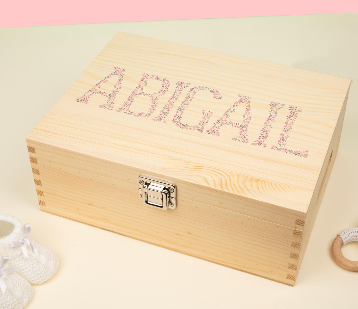 Keepsake Box Wooden - Personalised Pink Floral Name Wooden Keepsake Box - Newborn Gift Christening Gift Christmas Eve Box Bluebellinda
