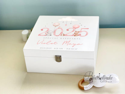 Luxury Personalised Baby Keepsake Memory Box, Pink 2025 or 2024 Design, Baby box, Wooden Box, New Baby Gift, Birth Stats, Bluebellinda Gifts
