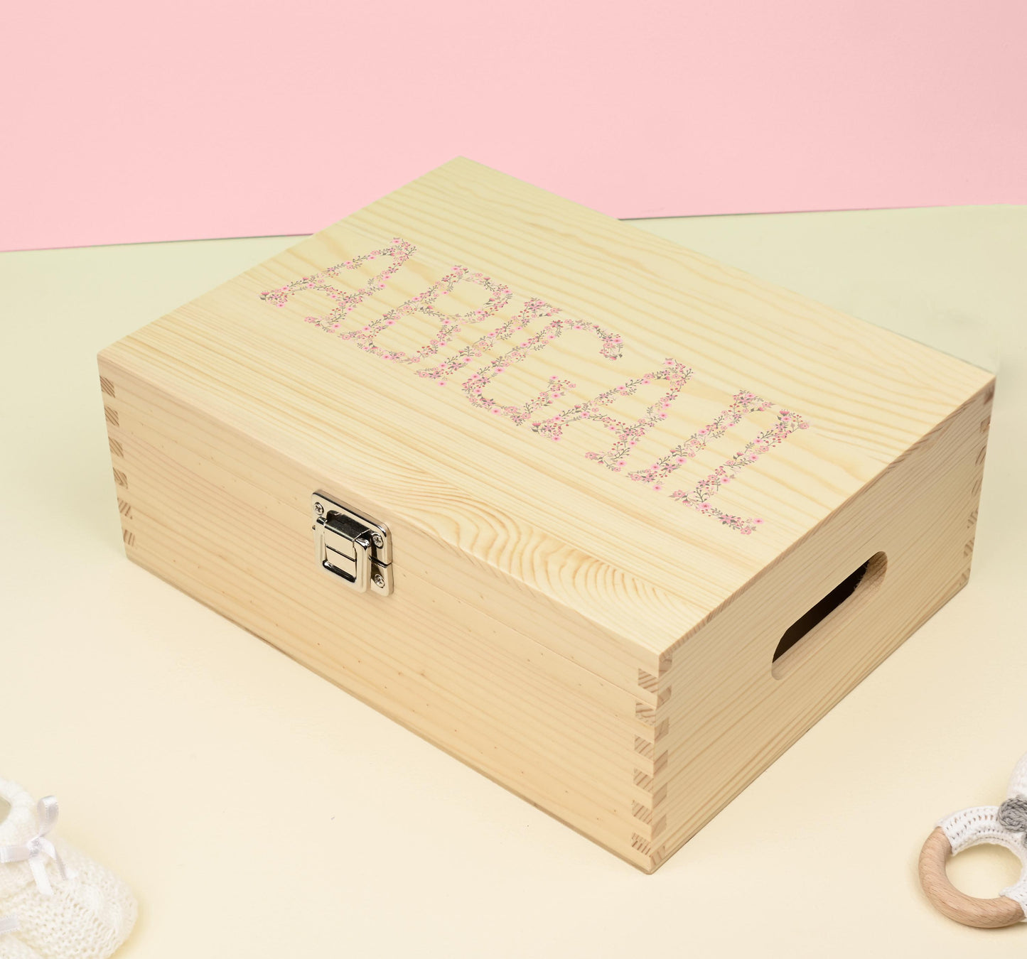 Keepsake Box Wooden - Personalised Pink Floral Name Wooden Keepsake Box - Newborn Gift Christening Gift Christmas Eve Box Bluebellinda