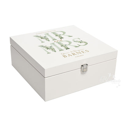Luxury White Wooden Wedding Keepsake Box - Personalised Green Floral Wedding Gift - Mr and Mrs  Couple Anniversary Gift, Bluebellinda