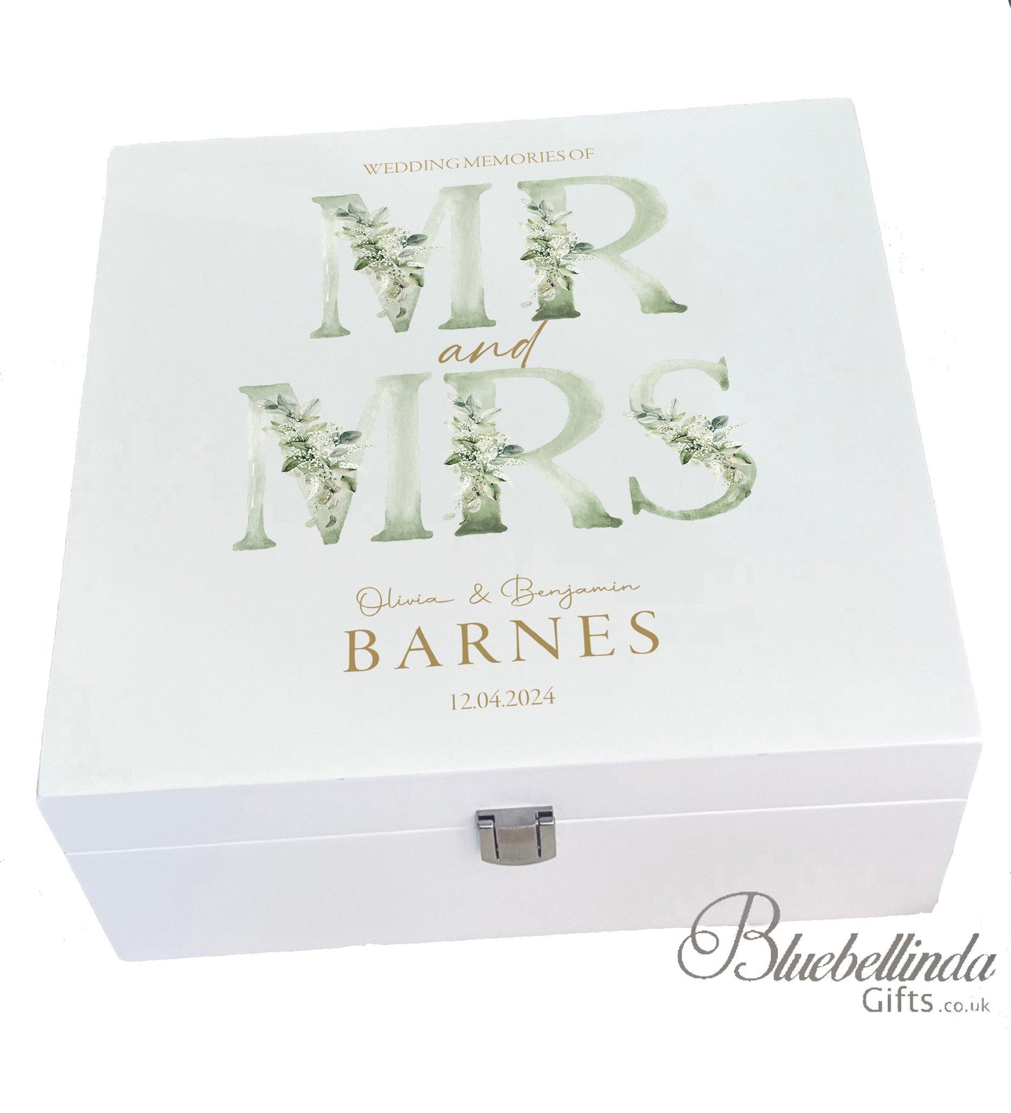 Luxury White Wooden Wedding Keepsake Box - Personalised Green Floral Wedding Gift - Mr and Mrs  Couple Anniversary Gift, Bluebellinda