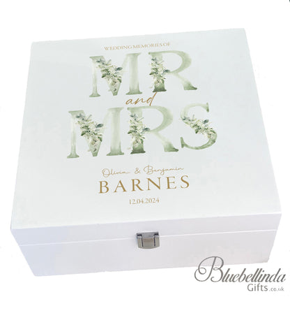 Luxury White Wooden Wedding Keepsake Box - Personalised Green Floral Wedding Gift - Mr and Mrs  Couple Anniversary Gift, Bluebellinda