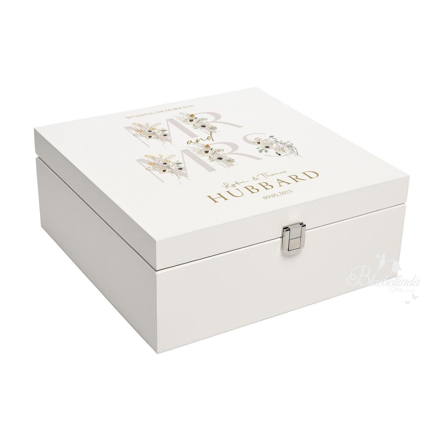 Luxury White Wooden Wedding Keepsake Box - Personalised Flowers Wedding Gift - Mr and Mrs  Couple Anniversary Gift, Bluebellinda