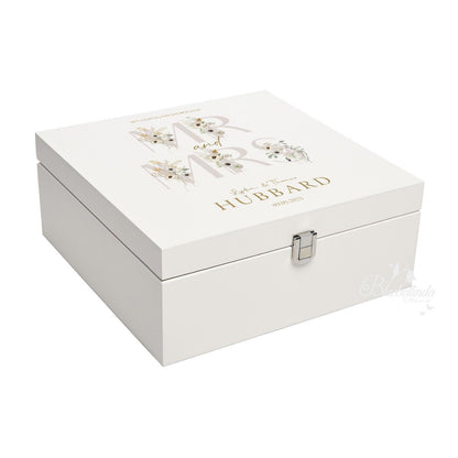 Luxury White Wooden Wedding Keepsake Box - Personalised Flowers Wedding Gift - Mr and Mrs  Couple Anniversary Gift, Bluebellinda