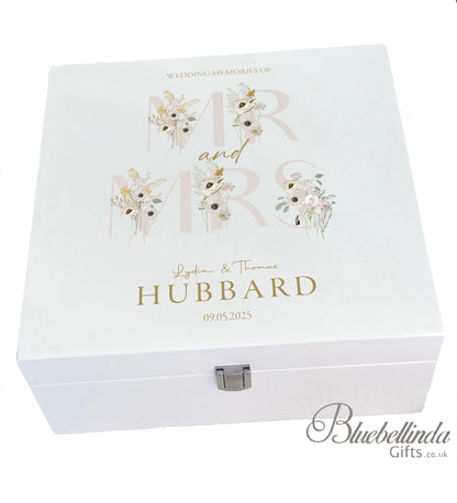 Luxury White Wooden Wedding Keepsake Box - Personalised Flowers Wedding Gift - Mr and Mrs  Couple Anniversary Gift, Bluebellinda