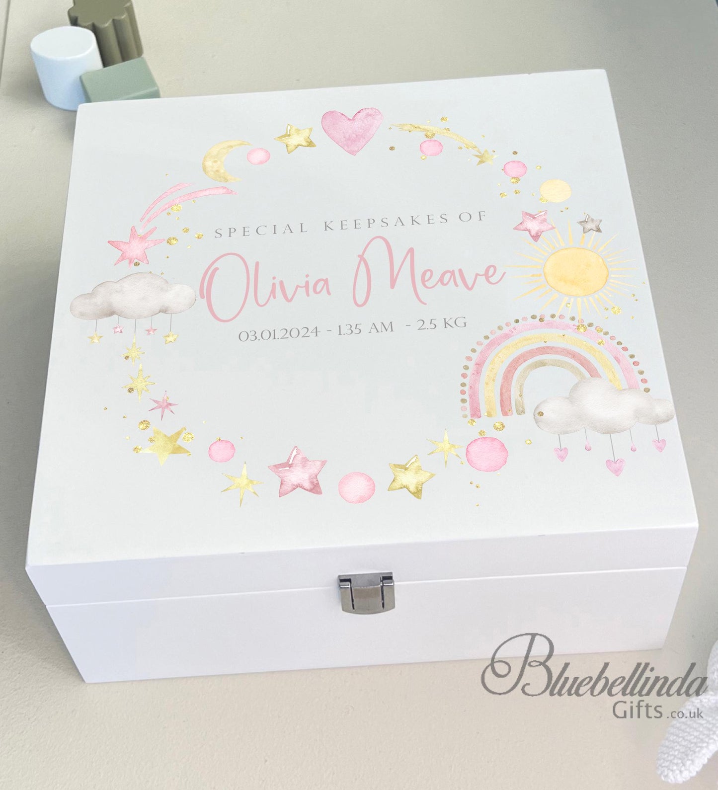 24 Luxury Personalised Baby Keepsake Memory Box, pink Design, Baby box, Wooden Box, New Baby Gift, Birth Stats, Bluebellinda Gifts