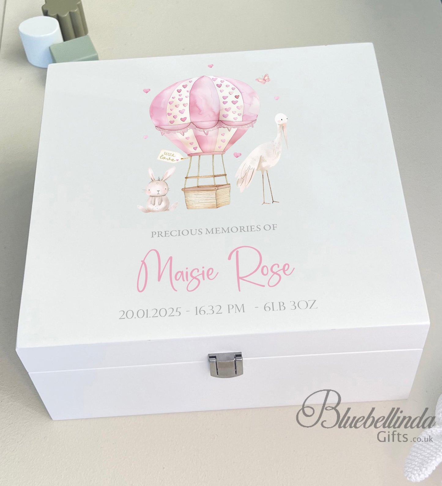 23 Luxury Personalised Baby Keepsake Memory Box, pink Design, Baby box, Wooden Box, New Baby Gift, Birth Stats, Bluebellinda Gifts