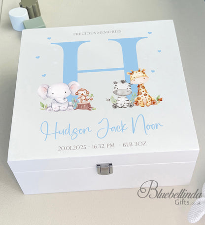 Personalized Baby Keepsake Box: Blue Animal Design, Birth Stats