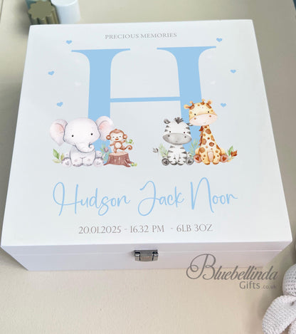 Personalized Baby Keepsake Box: Blue Animal Design, Birth Stats