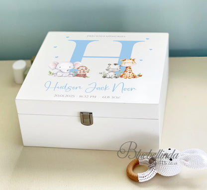 Personalized Baby Keepsake Box: Blue Animal Design, Birth Stats