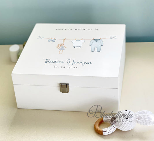 Luxury Personalised Baby Keepsake Memory Box, Blue Design, Baby box, Wooden Box, New Baby Gift, Birth Stats, Bluebellinda Gifts