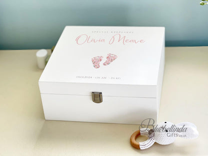 Luxury Personalised Baby Keepsake Memory Box, pink Design, Baby box, Wooden Box, New Baby Gift, Birth Stats, Bluebellinda Gifts