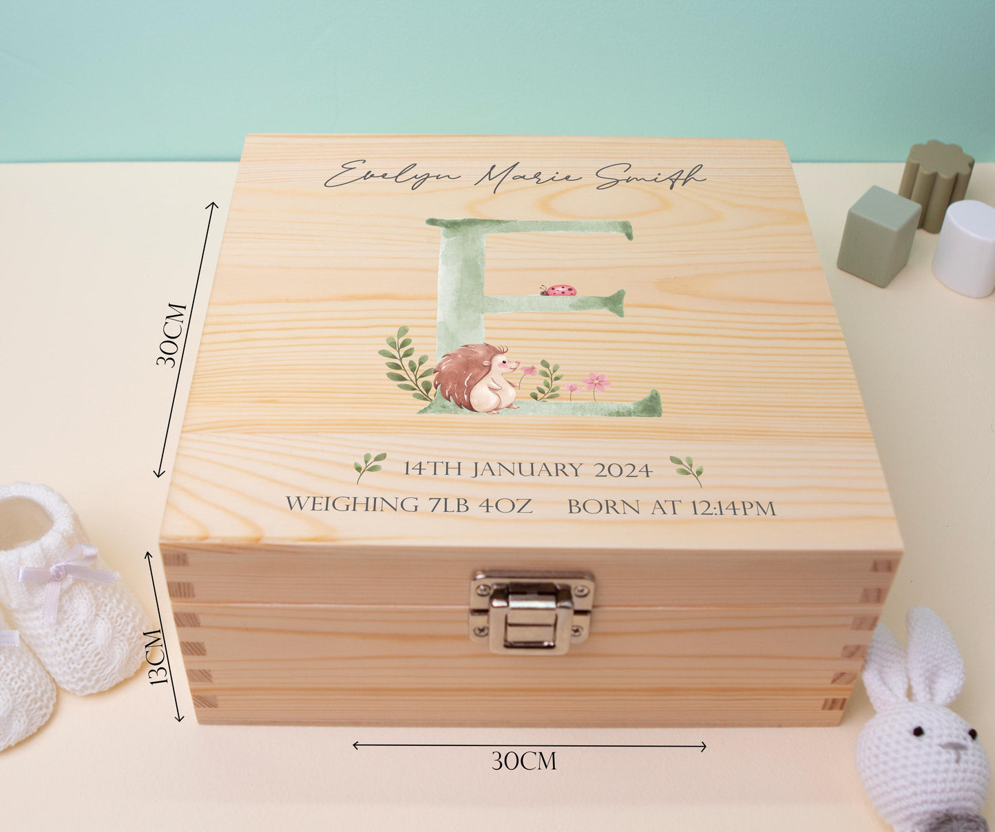 Luxury Baby Keepsake Box Green - Personalised Green Initial Woodland Animals White Wooden Keepsake Box - newborn keepsake box Bluebellinda 2
