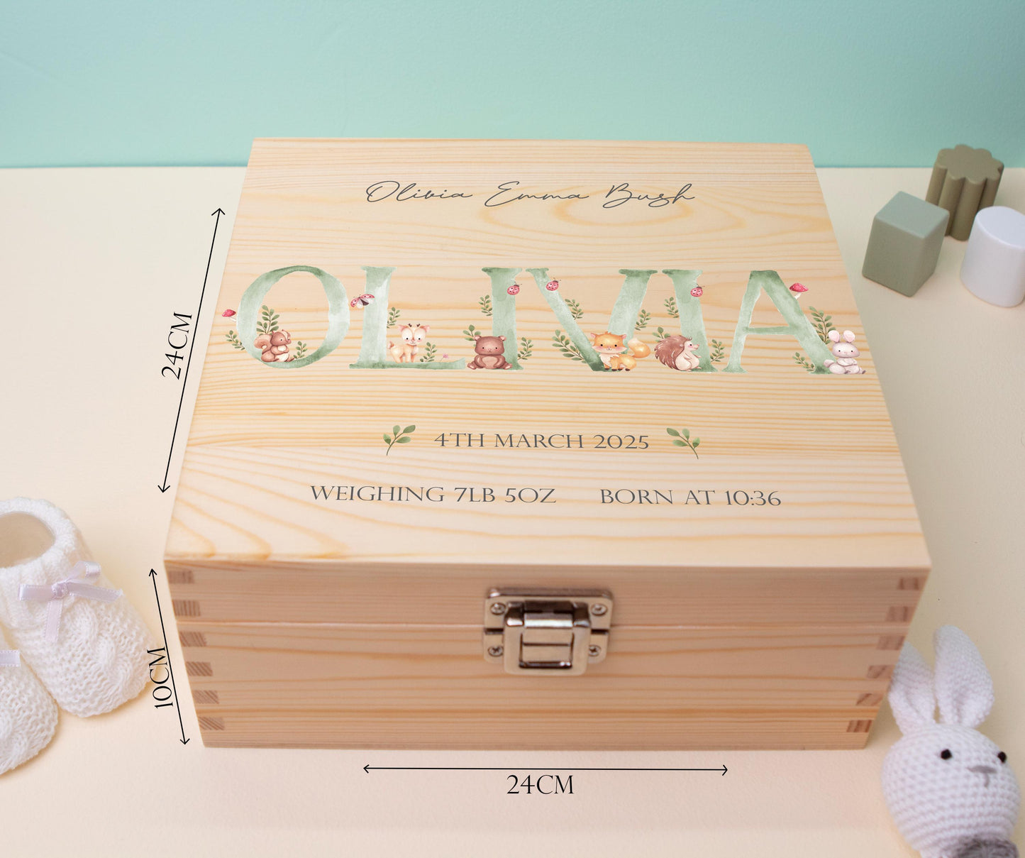 Luxury Baby Keepsake Box Green - Personalised Green Initial Woodland Animals White Wooden Keepsake Box - newborn keepsake box Bluebellinda 1