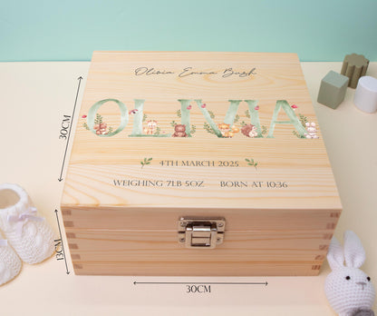 Luxury Baby Keepsake Box Green - Personalised Green Initial Woodland Animals White Wooden Keepsake Box - newborn keepsake box Bluebellinda 1