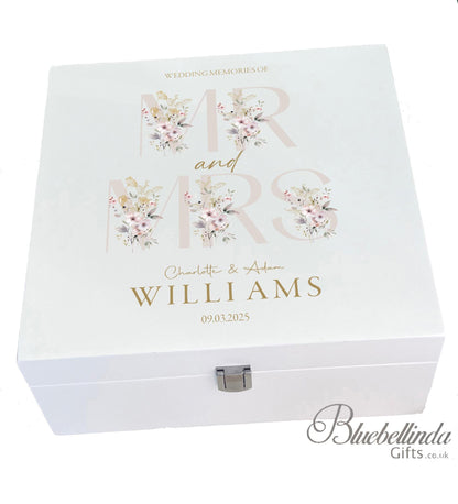 Luxury White Wooden Wedding Keepsake Box - Personalised Floral Wedding Gift - Mr and Mrs  Couple Anniversary Gift, Bluebellinda