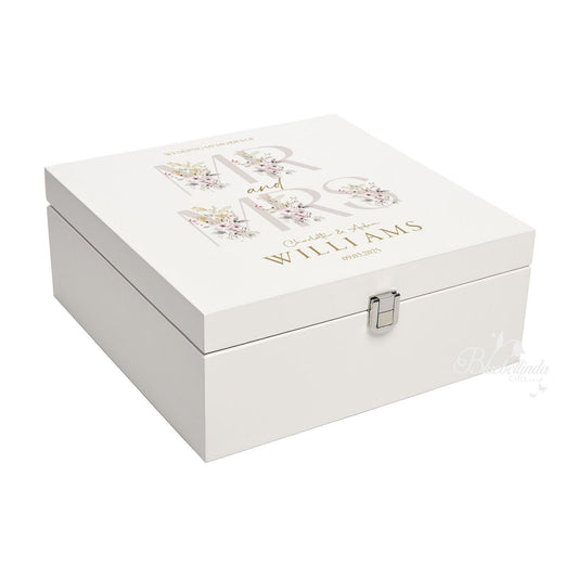Luxury White Wooden Wedding Keepsake Box - Personalised Floral Wedding Gift - Mr and Mrs  Couple Anniversary Gift, Bluebellinda